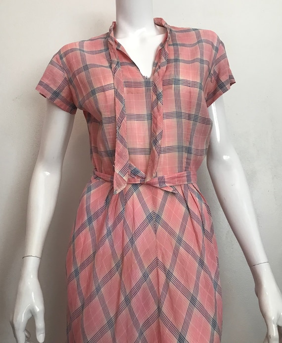 1930's pink and blue cotton plaid day dress/homema