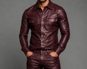 Men’s Burgundy Leather Shirt and Biker Pants Set, Leather Matching Suit