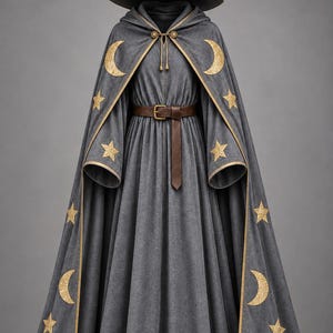 Grå trollkarldräkt - Fantasy Cosplay Magikerdräkt - Renässanskläder, Komplett trollkarldräkt - Halloweenkostym