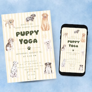 Può includere: Un volantino e uno smartphone che mostrano una locandina per l'evento Puppy Yoga con uno sfondo a righe color crema e bianco, illustrazioni ad acquerello di varie razze canine e testo che dettaglia l'evento, data, ora, luogo e un QR code.