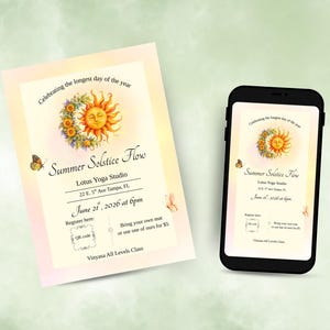 Può includere: Un volantino e uno smartphone mostrano gli stessi dettagli dell'evento. Il volantino e lo schermo del telefono presentano il testo "Summer Solstice Flow" con un sole e un motivo floreale. L'evento è il 21 giugno 2026.