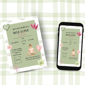 May include: A yoga event invitation and a smartphone screen. The invitation says "Join Lotus Studio for a Self Love Flow" on June 27th at 4 PM. The design features watercolor hearts, flowers, and a person meditating.