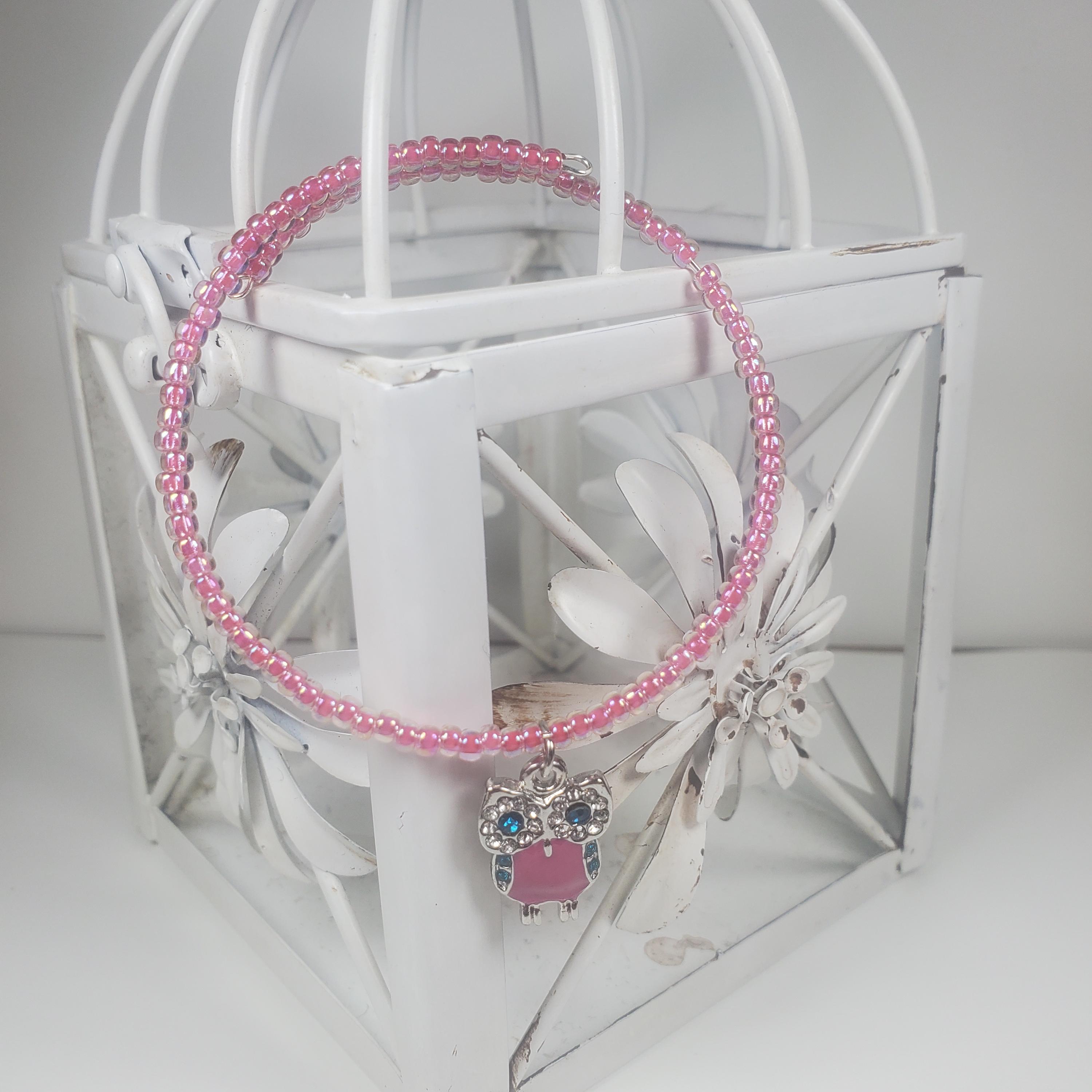 Pink owl beaded bracelet