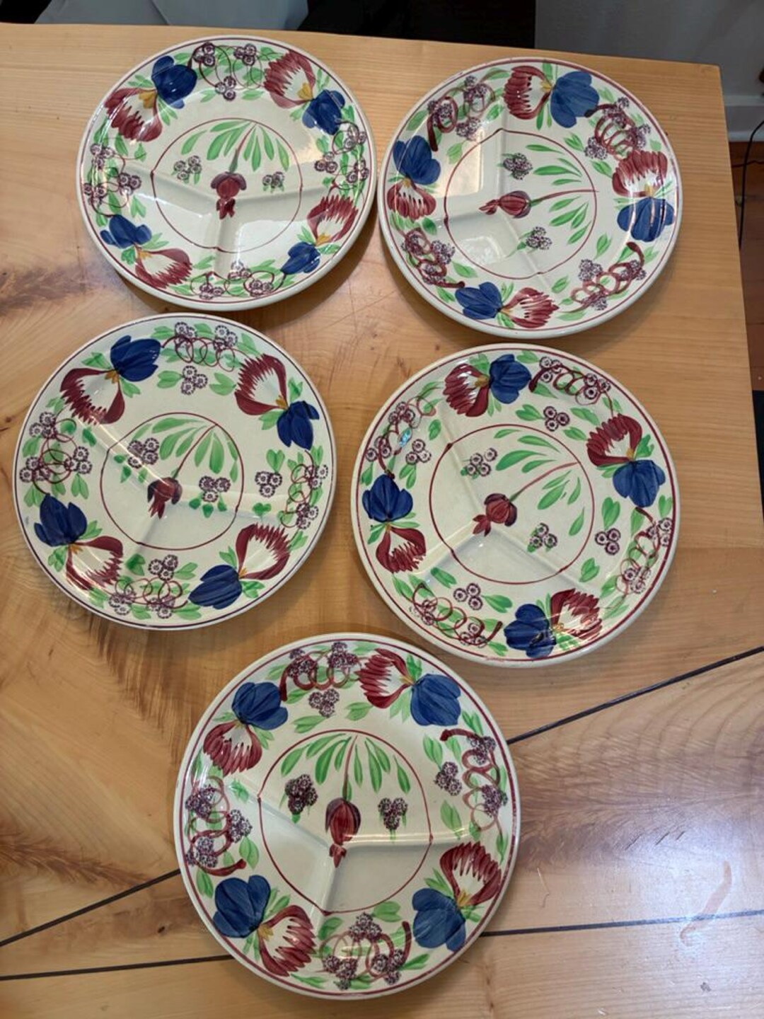 Set of 5 Vintage Petrus Regout Divided Plates, Hand-painted Floral