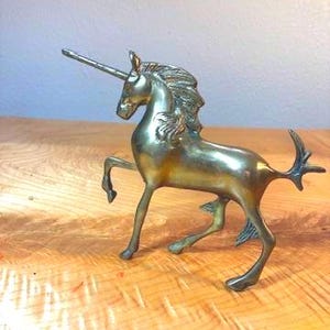Vintage Solid Brass Unicorn Figurine | 8"x6" Prancing Menagerie Decor (1970s-80s)