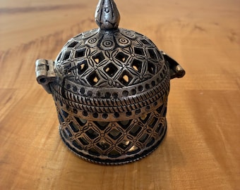 Vintage Dhokra Pierced Brass Incense Burner and Potpourri Holder with Hinged Domed Lid Description