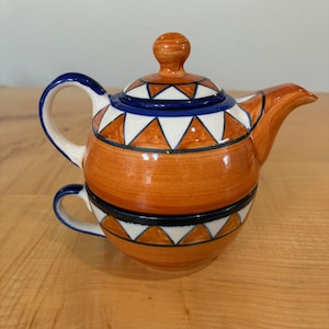 Set da tè in ceramica Gall & Zick per una persona, composto da teiera impilabile dipinta a mano e tazza, stile indiano etnico.