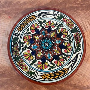 Vintage armenischer Keramik-Wandteller – handbemaltes Jerusalem-Mandala & Teller mit sieben Weizensorten und Trauben