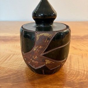 Vintage Studio Pottery Lidded Ginger Jar | Carved Sgraffito Forest Green Stoneware Vessel Signed Periwinkle | Organic Modern Trinket Box