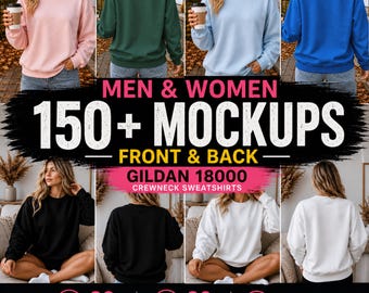 Mockups de moletom Gildan 18000 | Frente e verso do moletom feminino com gola redonda (Download digital)