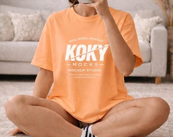 Comfort Colors 1717 Peach T-Shirt Mockup, Real Model Lifestyle PNG (Digital Download)