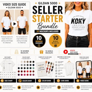 Peut inclure: Un pack de démarrage pour vendeur Gildan 5000 comprenant 20 maquettes, dont 10 pour femmes et 10 bonus. Le graphique inclut un guide vidéo des tailles, un tableau des tailles en cm, un nuancier et un guide d'entretien et de lavage pour t-shirts.