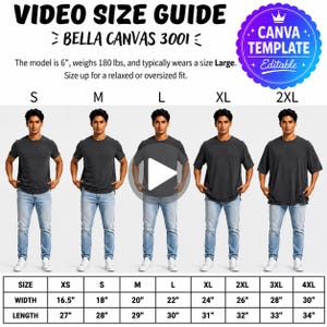 May include: A Bella Canvas 3001 video size guide template featuring five figures wearing charcoal gray t-shirts and light blue jeans in sizes S, M, L, XL, and 2XL. A table displays width and length measurements in inches for sizes XS to 4XL.