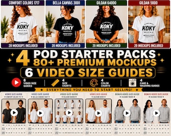 POD Starter Packs Bundle, 80+ T Shirt Mockups, Size Guides (Digital Download)