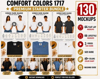 Comfort Colors 1717 Mockup Bundle | 130 Flat Lay, Lifestyle Mockups, Size Videos (Digital Download)