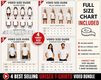 Video Size Guide Bundle, Comfort Colors 1717, Bella Canvas 3001, Gildan (Digital Download)