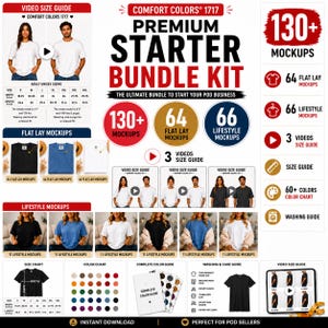May include: A digital marketing graphic for a Comfort Colors 1717 t-shirt bundle kit. It displays 130+ mockups, including 64 flat lays and 66 lifestyle images, plus 3 video size guides, a color chart, and a washing guide for POD business owners.