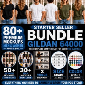 Gildan 64000 Mockup-Bundle | Herren-, Damen-Vorder- und Rückansicht (PNGs), Größenvergleichsvideos (Digitaler Download)
