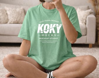 Comfort Colors 1717 Chalky Mint Oversized Tee Mockup, Real Model PNG (Digital Download)