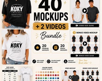 Comfort Colors Starter Bundle, 40 Mockups, 2 Videos, Size Guide, Color Chart, PNG Mockups