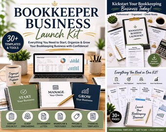 Könnte beinhalten: Ein Buchhaltungs-Business-Launch-Kit mit Vorlagen und Tools. Das Bild zeigt einen Laptop mit Diagrammen, Notizbüchern, einer Kaffeetasse und einem Taschenrechner. Das Kit enthält Vorlagen für Start-Checklisten, Kunden-Onboarding und Finanzvorlagen. Der Text lautet "Bookkeeper Business Launch Kit".