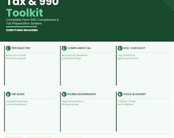 Könnte beinhalten: Eine grün-weiße Grafik für das Steuer- und 990-Toolkit einer gemeinnützigen Organisation. Das Toolkit umfasst einen 990-Selektor, einen Compliance-Kalender, eine Dokumenten-Checkliste, einen UBI-Leitfaden, die Board-Governance und FAQ & Glossar.