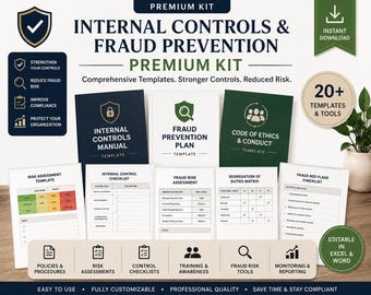 Könnte beinhalten: Ein Premium-Kit für interne Kontrollen und Betrugsprävention. Das Bild zeigt Vorlagen, Handbücher und Tools, darunter eine Risikobewertungsvorlage, einen Betrugspräventionsplan und einen Ethikkodex. Das Kit ist in Excel und Word bearbeitbar.