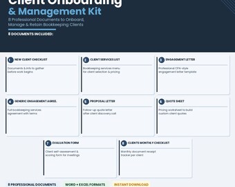 Könnte beinhalten: Ein dunkelblaues digitales Dokumenten-Kit mit dem Titel Client Onboarding & Management Kit. Es listet acht professionelle Buchhaltungsdokumente auf, darunter eine Checkliste für neue Kunden, eine Dienstleistungsliste, ein Engagement-Schreiben, eine Vereinbarung, ein Angebot, ein Angebotsblatt, ein Bewertungsformular und eine monatliche Checkliste.