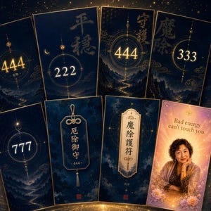 Könnte beinhalten: Eine Sammlung von acht rechteckigen Karten mit dunkelblauem Hintergrund, goldenen Himmelsmotiven, den Zahlen 222, 333, 444, 777, japanischen Kanji-Schriftzeichen und Amuletten. Eine Karte zeigt eine Person und den Text Bad energy can't touch you.