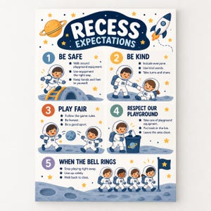 Op de afbeelding: Een educatieve poster met ruimtethema getiteld RECESS EXPECTATIONS met vijf regels en illustraties van astronauten. De regels omvatten Be Safe, Be Kind, Play Fair, Respect Our Playground en When The Bell Rings, versierd met sterren, een planeet en een raket.