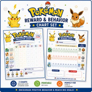 May include: A Pokemon Reward & Behavior Chart set featuring two printable sheets with Pikachu and Eevee illustrations. The charts include sections for tracking daily tasks, earning stars, and reaching goals with bronze, silver, and gold badge icons.