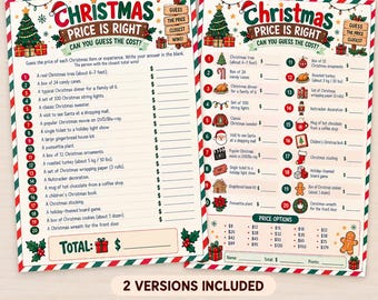 May include: Two printable Christmas Price Is Right game sheets with a cream background, red and green striped borders, and festive illustrations. The sheets feature a list of twenty holiday items with blank spaces for price guesses and a total line.