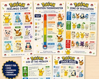 May include: A five-piece Pokémon emotional regulation kit featuring a feelings chart, emotion thermometer, zone of regulation, size of the problem chart, and a choice board. Each poster includes colorful character illustrations and text guides.