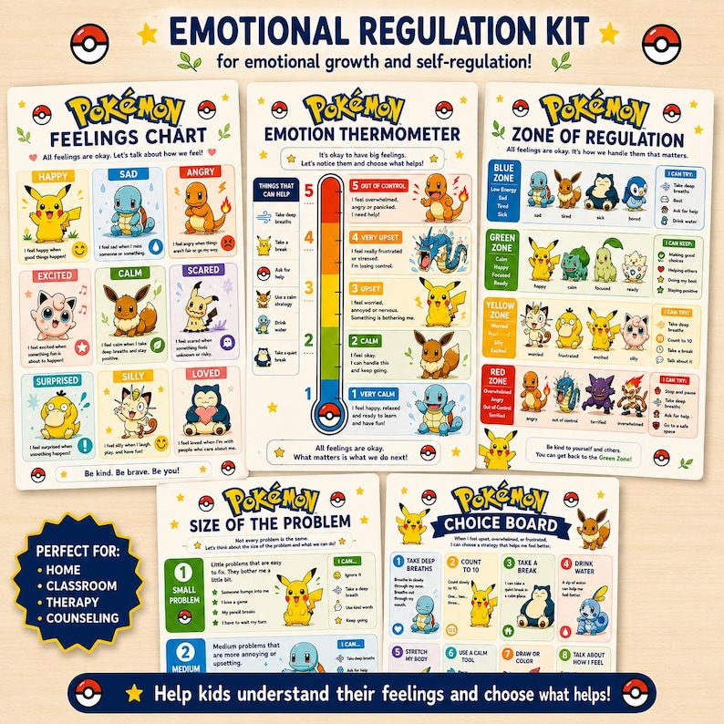 May include: A five-piece Pok&eacute;mon emotional regulation kit featuring a feelings chart, emotion thermometer, zone of regulation, size of the problem chart, and a choice board. Each poster includes colorful character illustrations and text guides.