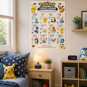 May include: A white wall poster titled Pok&eacute;mon Choice Board featuring twelve illustrated coping strategies for children. Each numbered section includes a Pok&eacute;mon character and text describing actions like taking deep breaths, counting to ten, or drinking water.