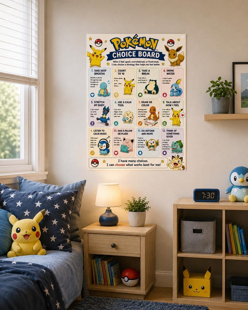 May include: A white wall poster titled Pok&eacute;mon Choice Board featuring twelve illustrated coping strategies for children. Each numbered section includes a Pok&eacute;mon character and text describing actions like taking deep breaths, counting to ten, or drinking water.