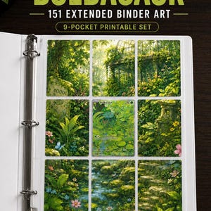 Könnte beinhalten: Ein weißer Ringbuchordner mit einer Seite mit neun Fächern, gefüllt mit druckbarer Sammelkartenkunst, die eine grüne Waldszene zeigt. Der Text lautet BULBASAUR 151 EXTENDED BINDER ART 9-POCKET PRINTABLE SET, inklusive PDF, PNG, US LETTER, A4 und INSTANT DOWNLOAD Symbolen.
