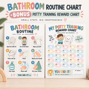 Puede incluir: Dos carteles rectangulares con ilustraciones coloridas y texto. El cartel izquierdo, titulado Bathroom Routine, muestra nueve pasos numerados para la higiene. El derecho, My Potty Training Reward Chart, presenta una cuadrícula de seguimiento.