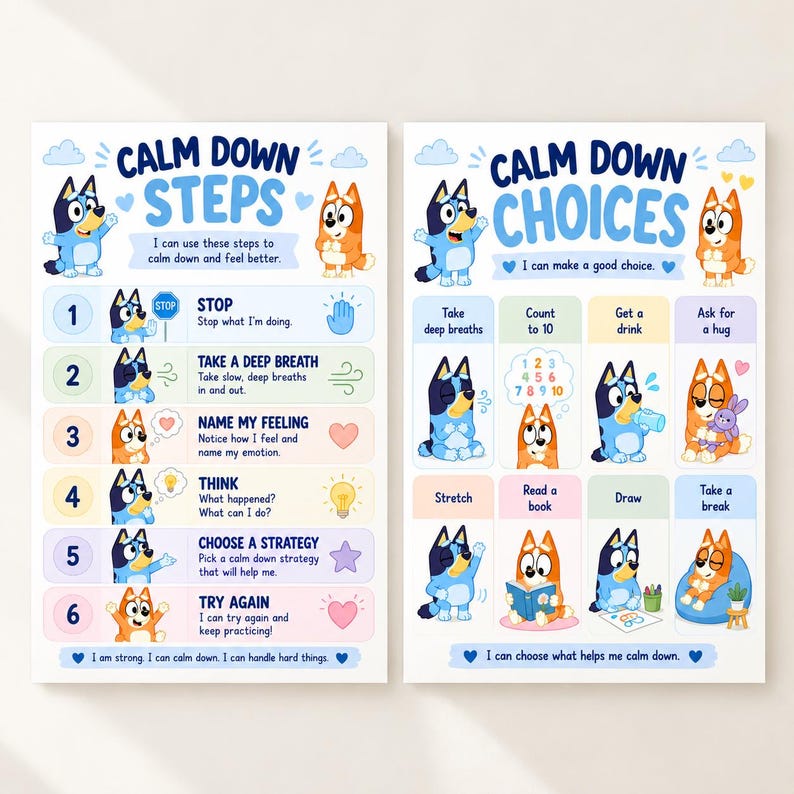 May include: Two educational posters featuring Bluey characters. The left poster titled CALM DOWN STEPS lists six numbered steps with illustrations. The right poster titled CALM DOWN CHOICES displays various activities in a grid format.