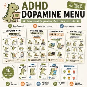 Zestaw uspokajający ADHD | Menu dopaminowe dla dzieci | Ćwiczenia z regulacji emocji | Karty samoregulacji | Wydruk dla osób z autyzmem