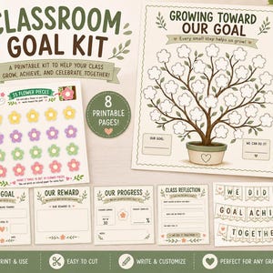 Puede incluir: Un kit imprimible de objetivos para el aula que incluye un gráfico de árbol con espacios de flores en blanco, hojas de flores recortables, formularios de seguimiento, páginas de reflexión y una pancarta WE DID IT! GOAL ACHIEVED TOGETHER!.