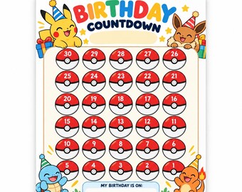 Pokemon Birthday Countdown Printable, 30-Day Birthday Calendar for kids, US Letter & A4 PDF