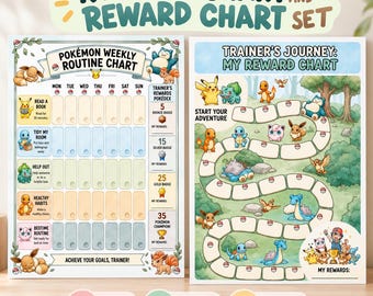 May include: A Pokémon routine chart and reward chart set featuring various characters like Pikachu, Bulbasaur, and Charmander. The routine chart includes weekly tasks and badge levels, while the reward chart displays a path with Pokémon illustrations.