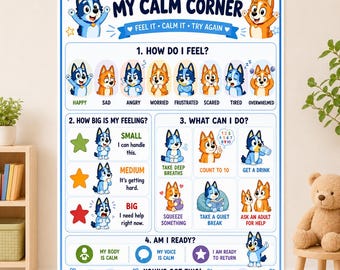 Calm Corner Poster for Kids: Emotional Regulation and Coping Skills | Feelings Chart | Puppy or Cute Dog