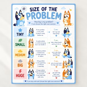 May include: A Size of the Problem educational chart featuring Bluey and Bingo characters. The poster uses a color-coded scale from tiny to huge, illustrating problem sizes and corresponding reactions with text and cartoon character graphics.