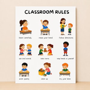 Può includere: Un poster bianco intitolato CLASSROOM RULES con nove illustrazioni a cartoni animati di bambini che mostrano comportamenti come ascoltare, alzare la mano, seguire le istruzioni, usare parole gentili, fare a turno, tenere le mani a posto, lavorare in silenzio, riordinare e dare il meglio di sé.