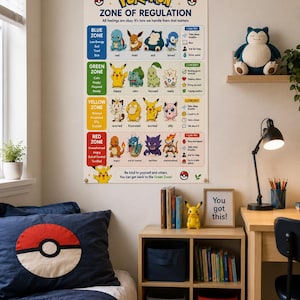 May include: A rectangular wall poster titled Pok&eacute;mon Zone of Regulation, featuring four color-coded sections&mdash;blue, green, yellow, and red&mdash;each displaying various Pok&eacute;mon characters, emotional states, and coping strategies with text instructions.
