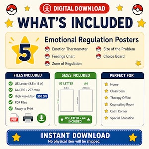 May include: A digital download information sheet for five emotional regulation posters including an emotion thermometer, feelings chart, and zone of regulation. It lists US Letter 8.5 by 11 inch and A4 sizes, 300 DPI resolution, and PDF file format.
