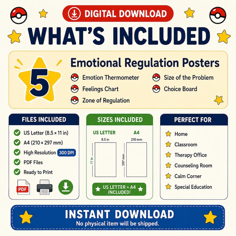 May include: A digital download information sheet for five emotional regulation posters including an emotion thermometer, feelings chart, and zone of regulation. It lists US Letter 8.5 by 11 inch and A4 sizes, 300 DPI resolution, and PDF file format.