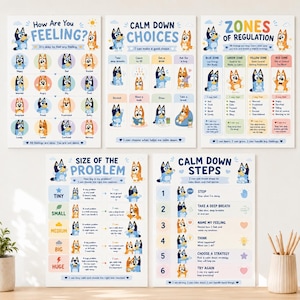 Op de afbeelding: Een set van vijf educatieve posters met Bluey-personages, waaronder How Are You Feeling, Calm Down Choices, Zones of Regulation, Size of the Problem en Calm Down Steps, met kleurrijke illustraties en tekst voor emotionele educatie.